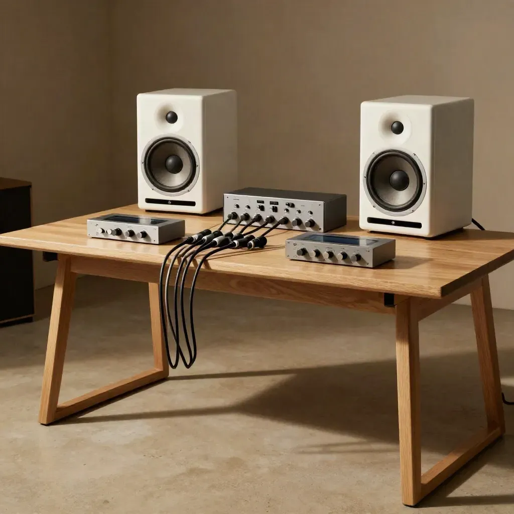 Floor-level mastering rig with twin speakers, switcher box, and source players in a bright studio.