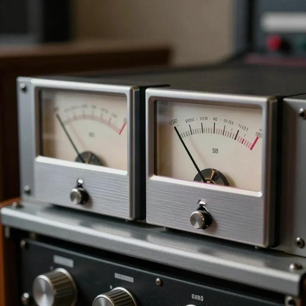Twin analog level meters on a rack shelf, needles settling after a drum hit.