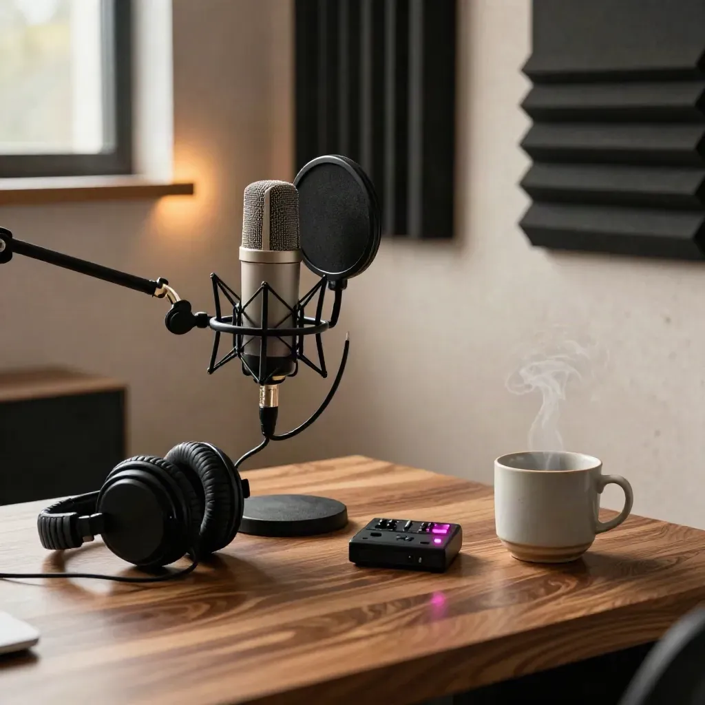 Podcast mic, headphones, recorder and steaming cup in a cozy studio corner
