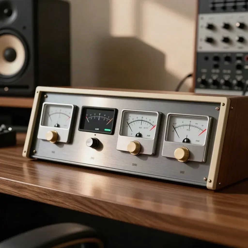 Four calibration meter modules and a small reference speaker on a walnut bench in soft window light.