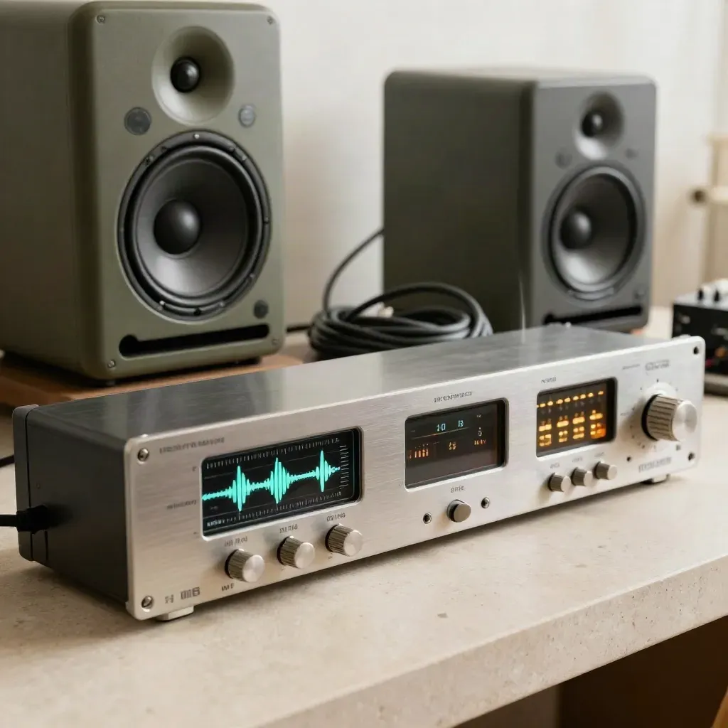 Meter-check workstation with glowing loudness displays, a compact speaker, and test tone motion