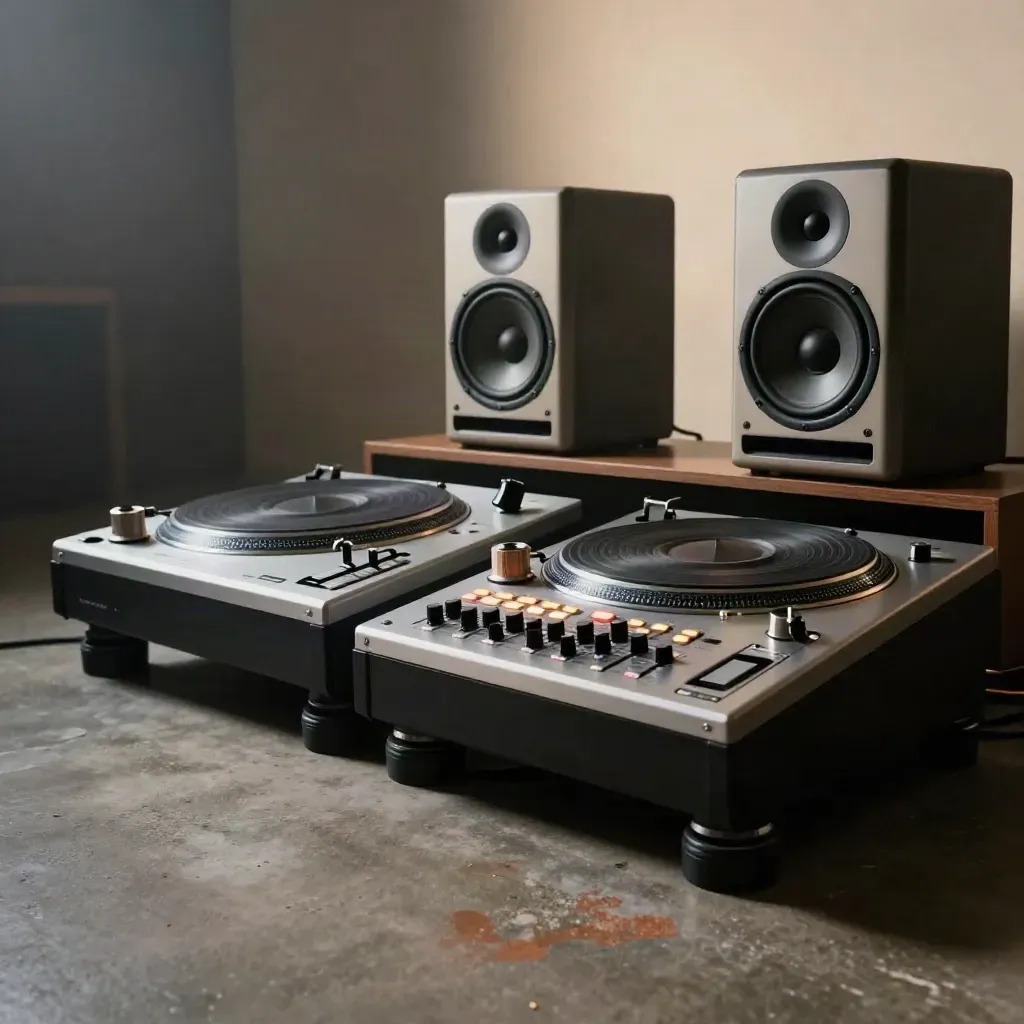 Low floor-level view of limiter test gear in a dark mastering room with twin monitors and haze.