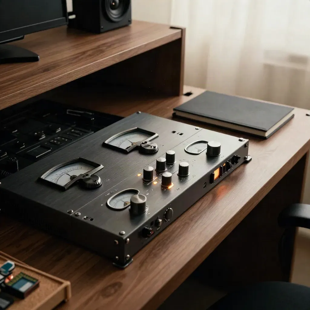 Limiters, closed notebook, and memory cards on a mastering rack in warm light.